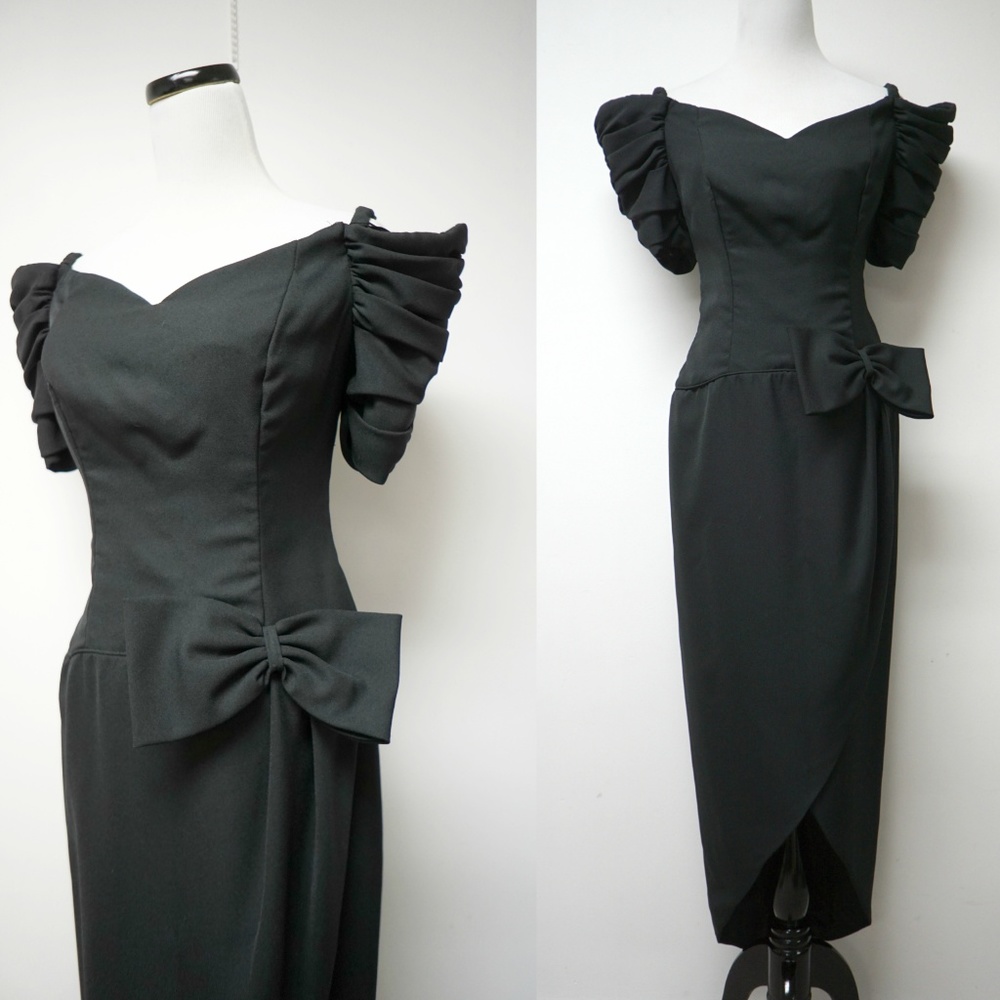 off shoulder overlap long torso black dress